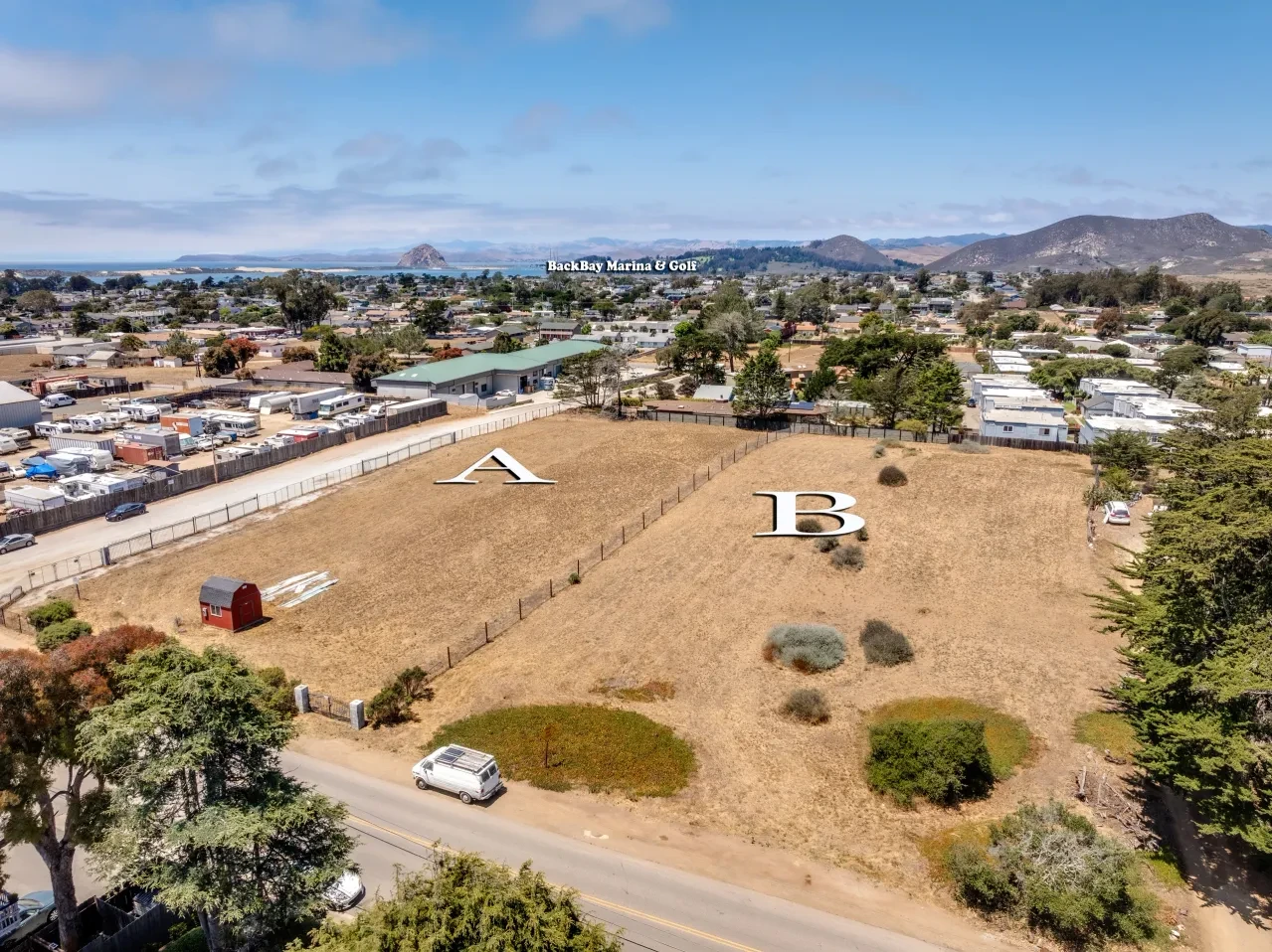 Aerial view of parcels A & B with BackBay Marina & Golf labeled