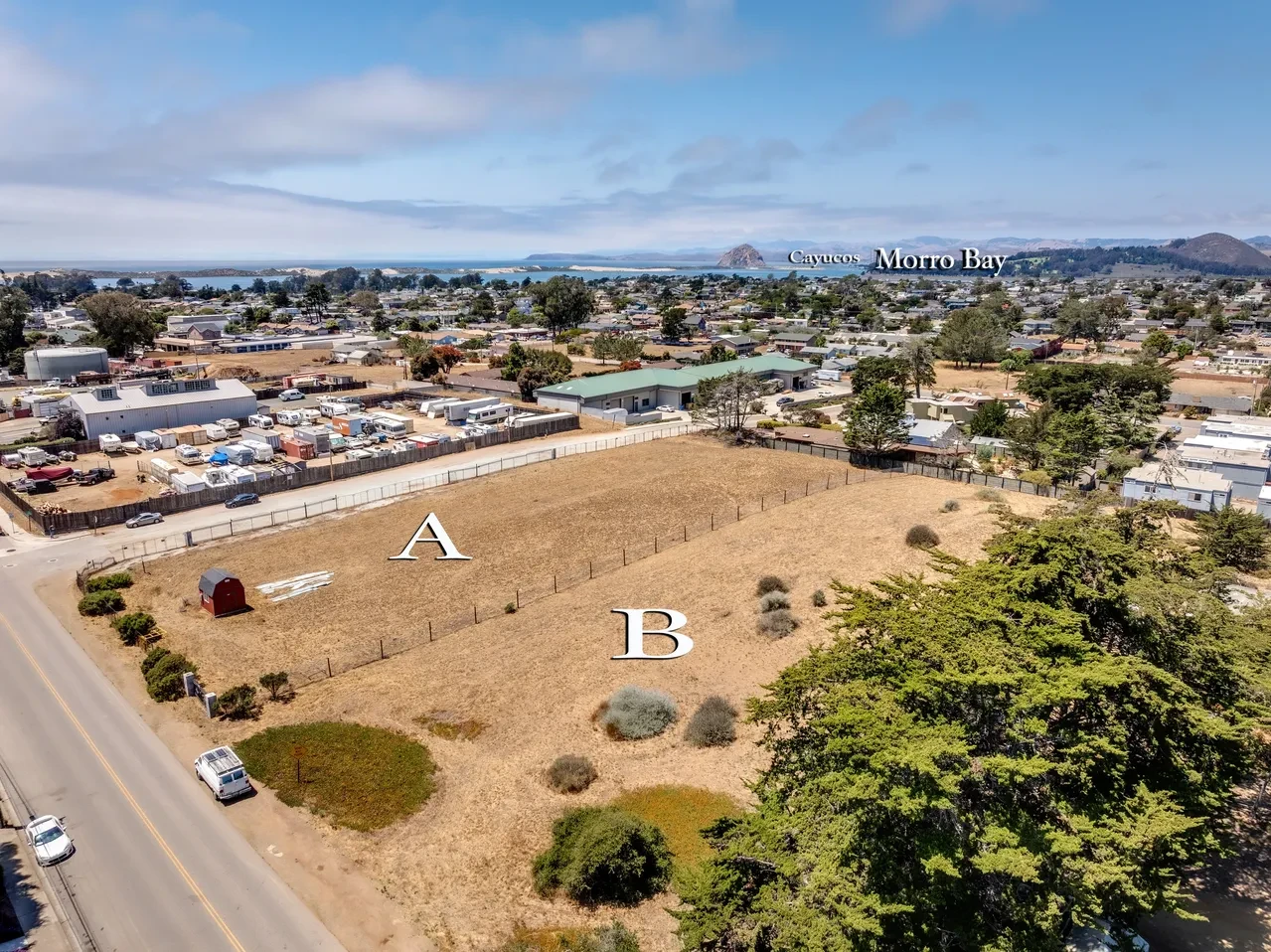 Aerial view of parcels A & B with Cayucos and Morro Bay labeled