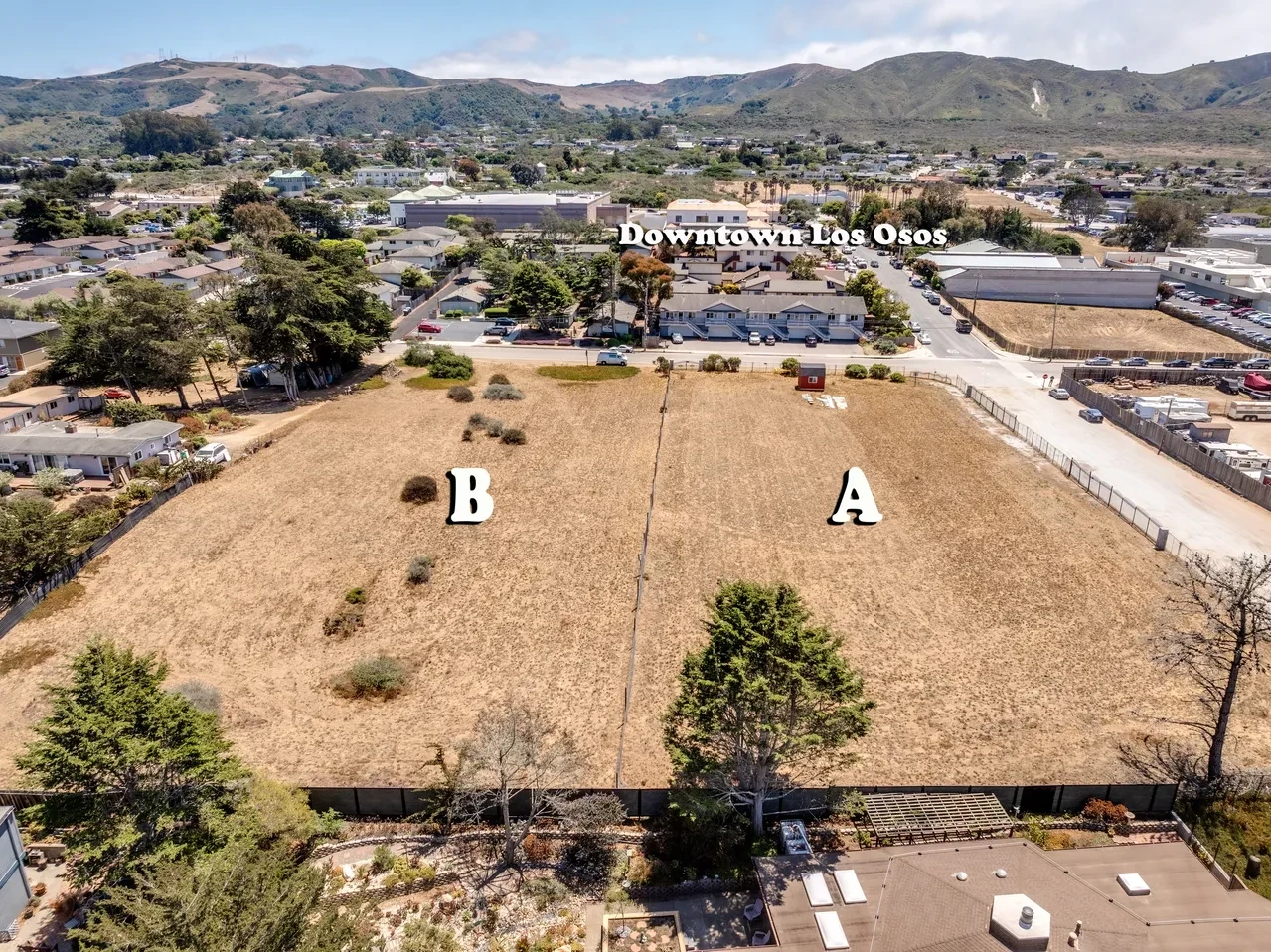 Close aerial view of parcels B & A with Downtown Los Osos labeled