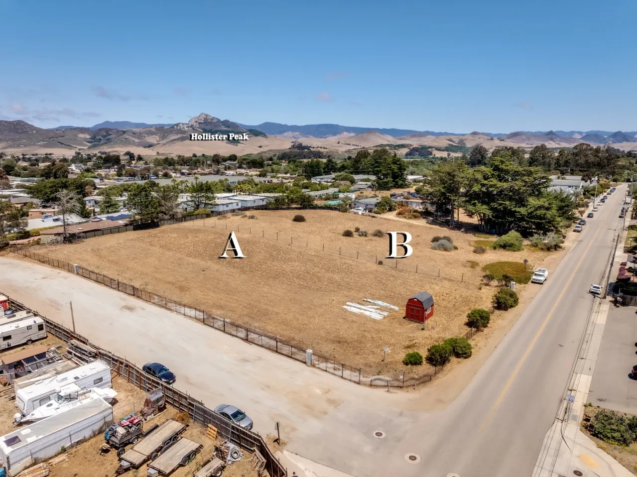 Aerial view of parcels A & B with Hollister Peak in background
