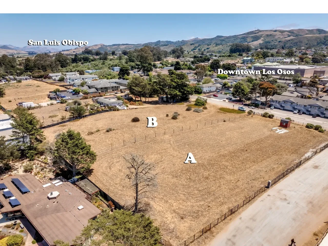 Aerial view of parcels B & A with San Luis Obispo and Downtown Los Osos labeled