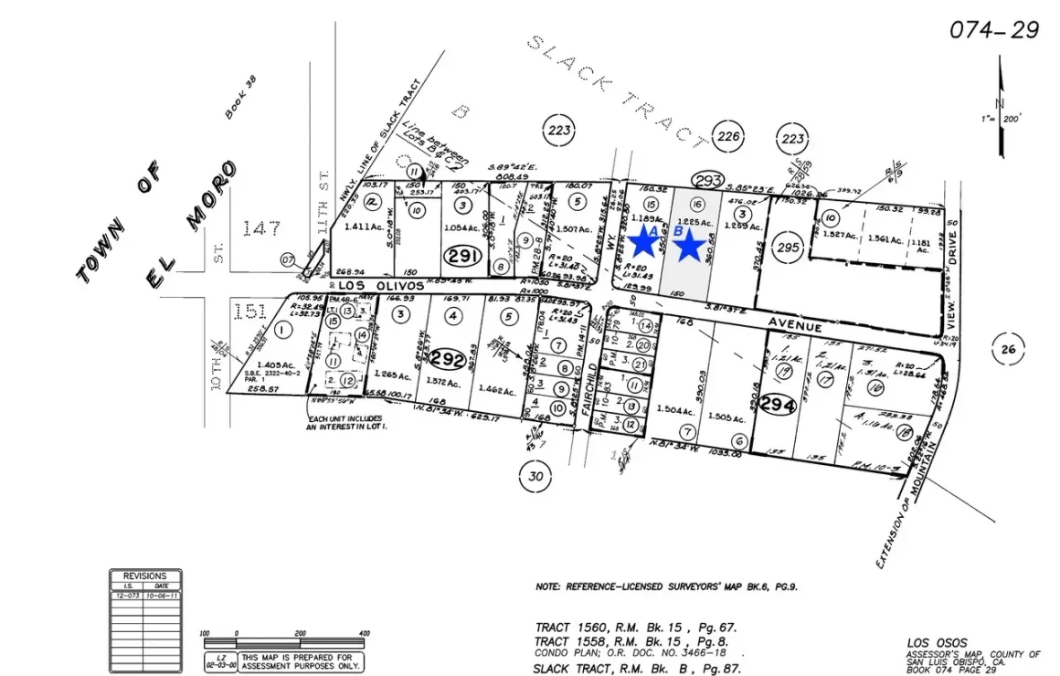 Assessor's map 074-29 showing parcels A and B at 1230 and 1250 Los Olivos, Los Osos CA